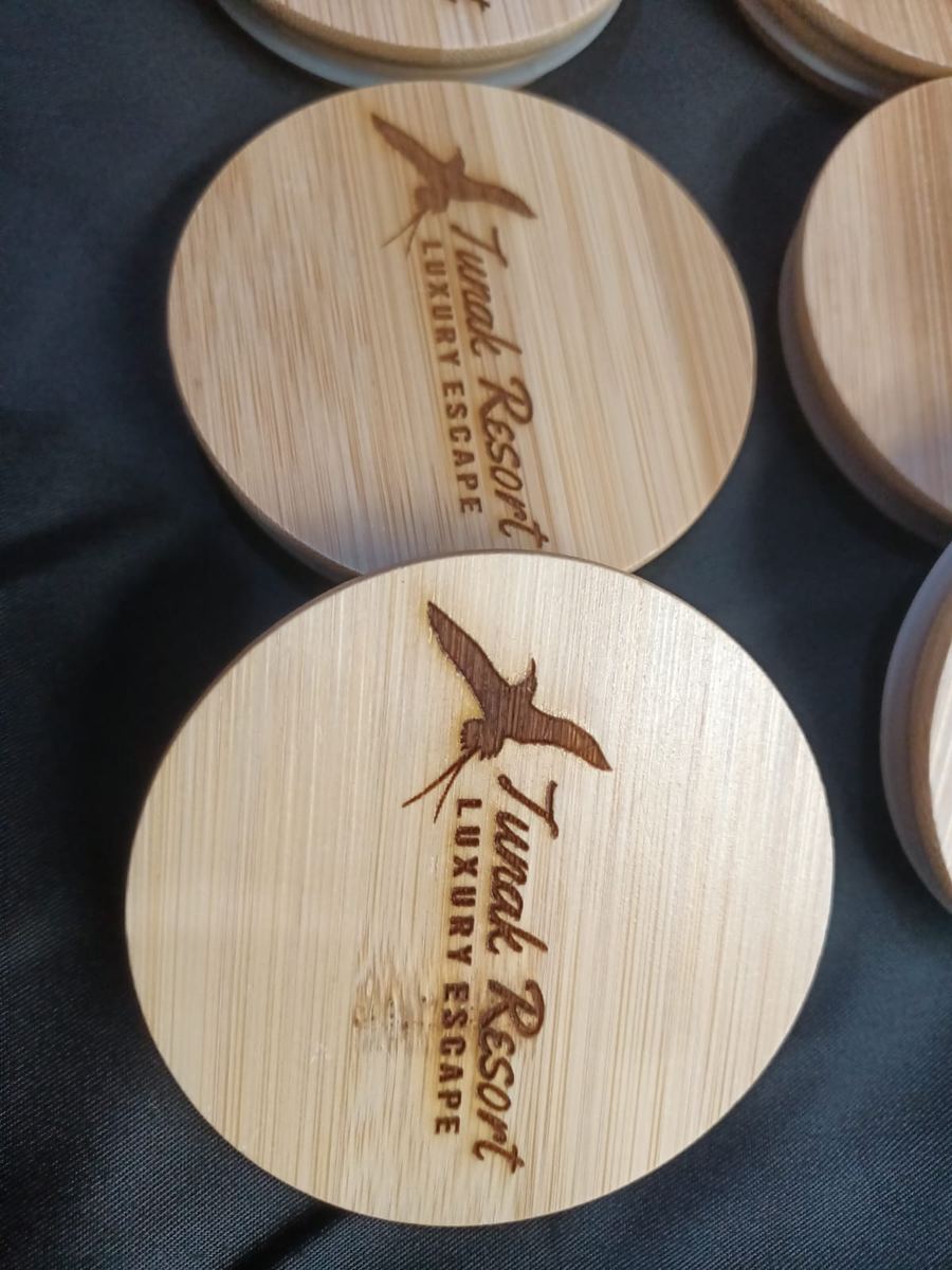 Coaster bambu laser engrave logo resort